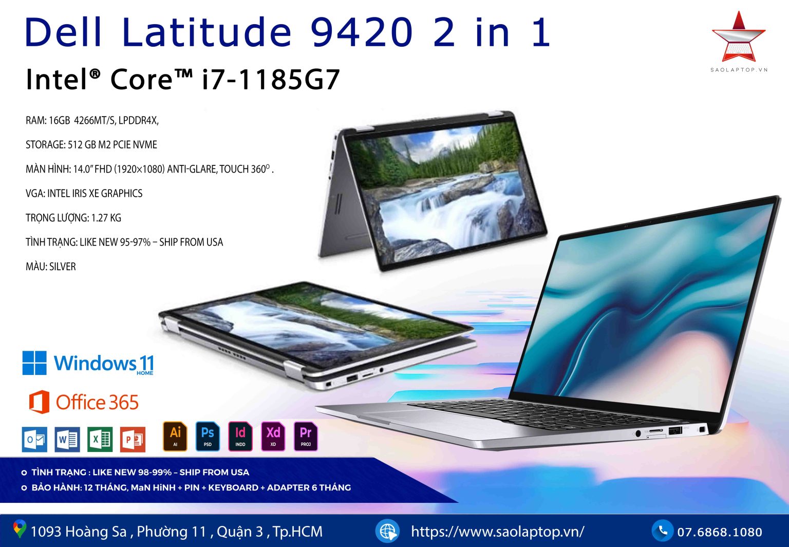 Laptop dell 2 in 1 9420 i7 cảm ứng xoay gập 360 độ 99%